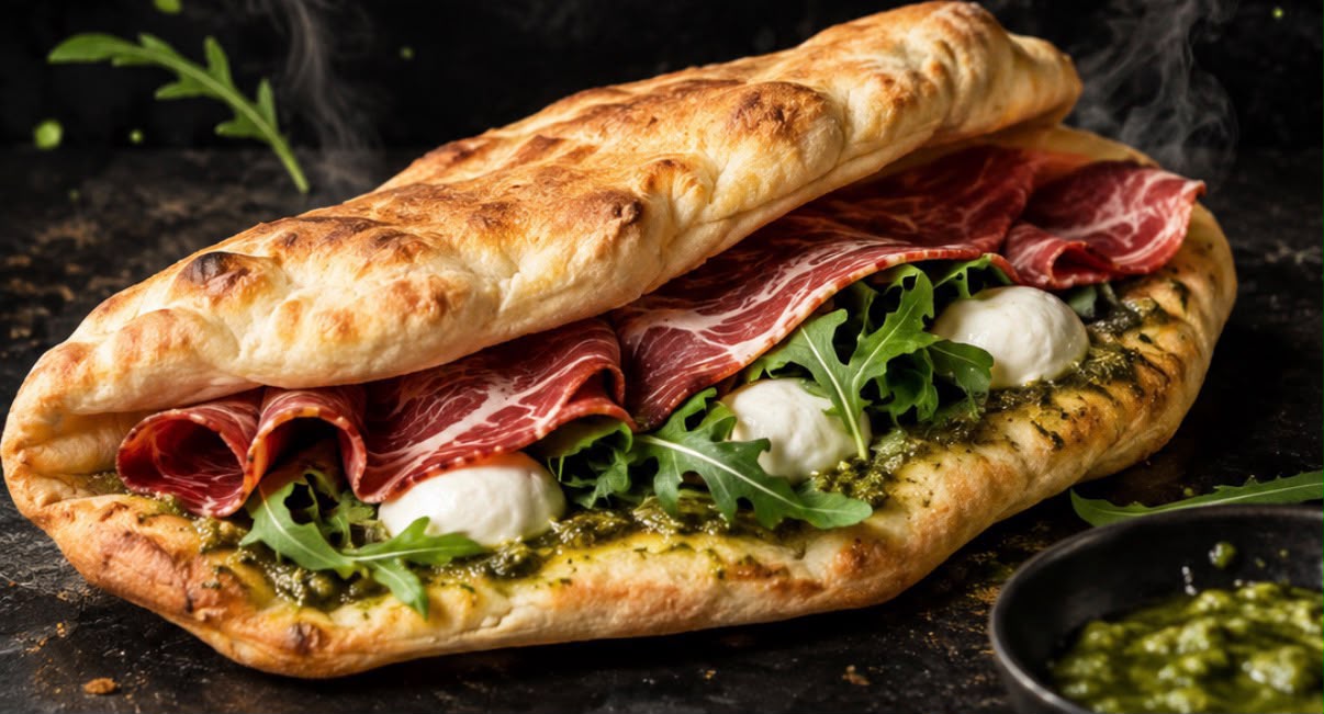Le Panuzo — pain garni de pesto, salade fraîche, charcuterie de bœuf, burrata et huile d'olive